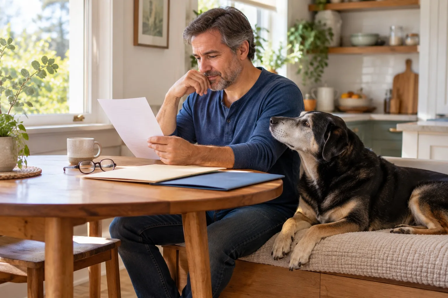 Man reading papers at a kitchen table beside a dark-coated dog